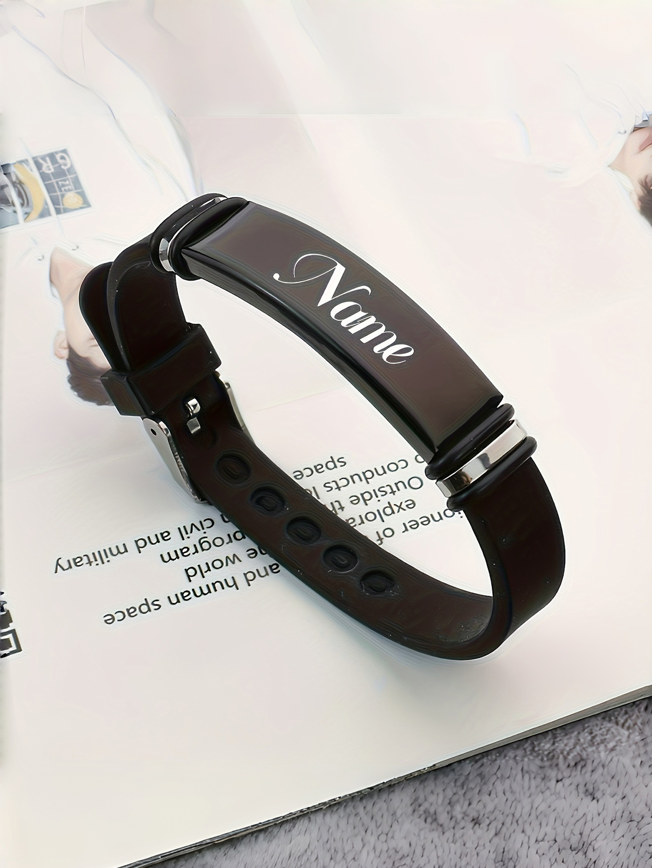 Customizable Men's Personalized Black Bracelet, Stainless Steel Custom Name ID Bracelet